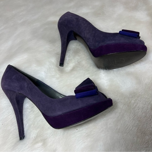 Stuart Weitzman purple peep toe bow heels platform retro sz 9 suede pumps shoes - Picture 3 of 8